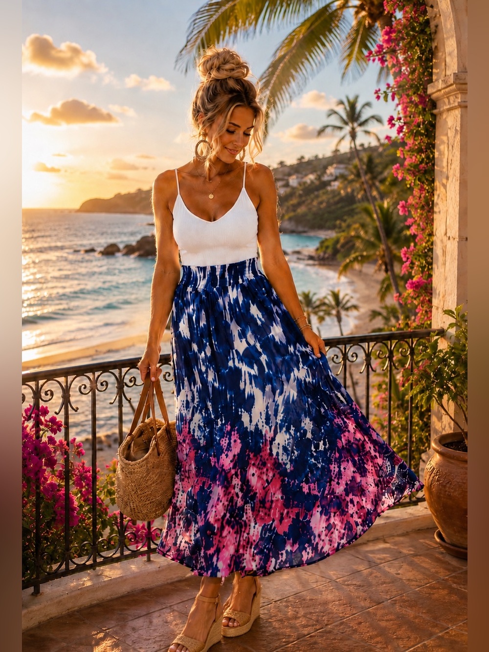 Valerie Stevens Multicolor Flowy Maxi Skirt Large Coastal Boho Resort Vacation